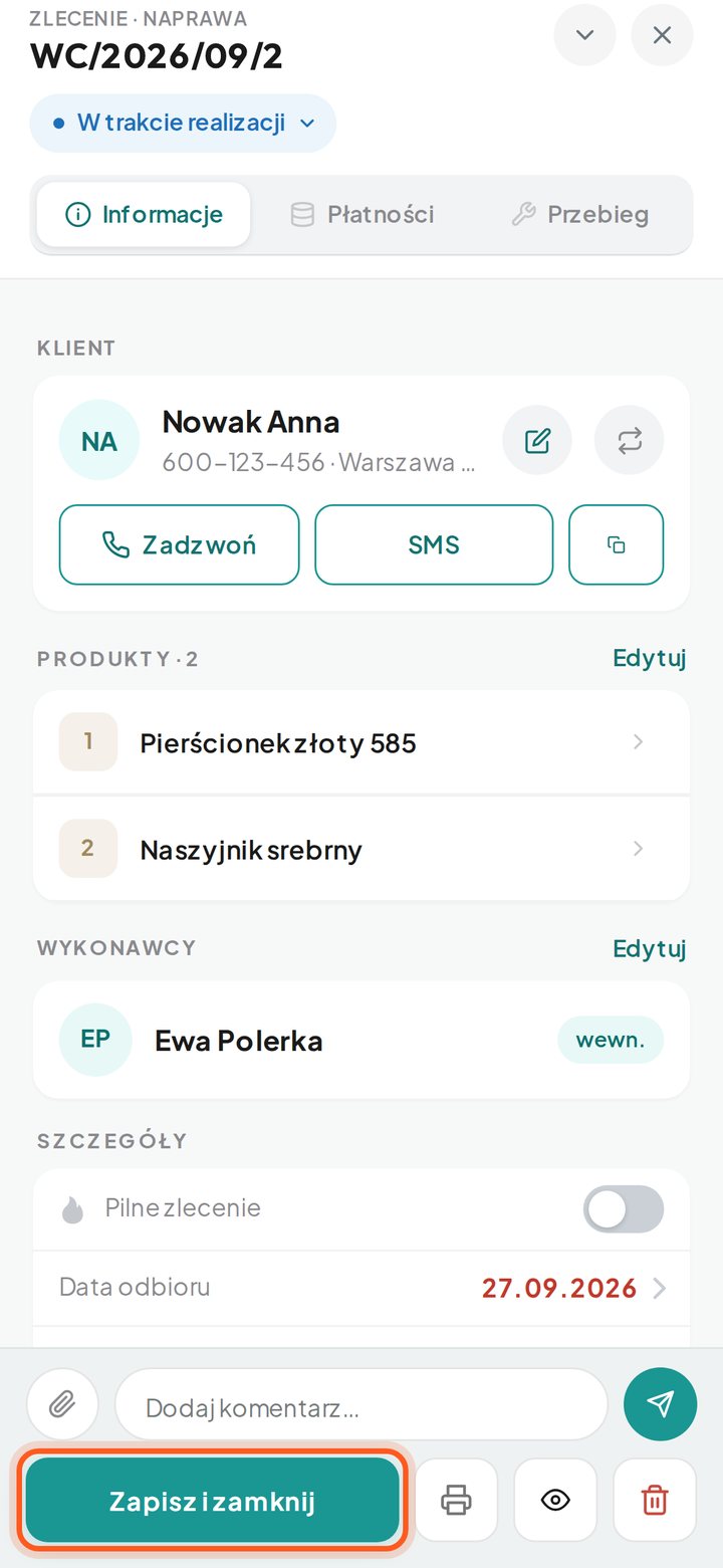 Zaznaczone przyciski zapisu na dole okna zlecenia (telefon)