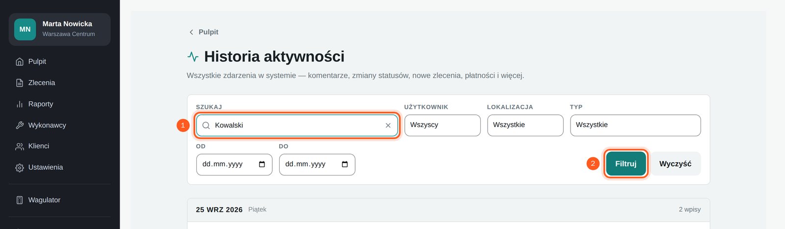 Pole Szukaj z wpisanym nazwiskiem i przycisk Filtruj (komputer)