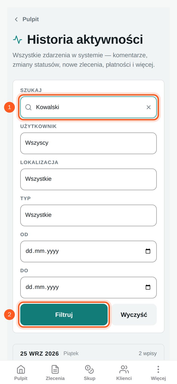 Pole Szukaj z wpisanym nazwiskiem i przycisk Filtruj (telefon)