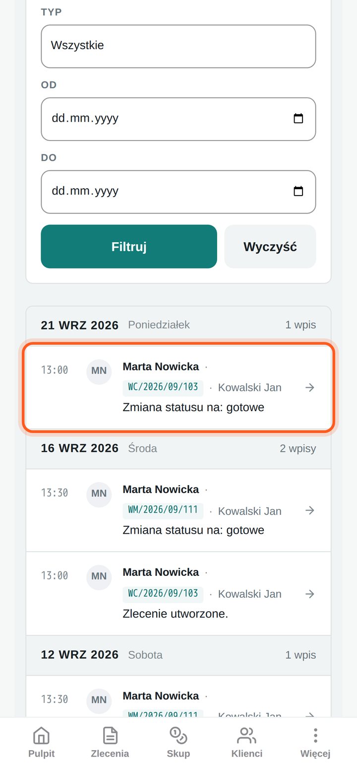 Wpis historii z numerem zlecenia i opisem zmiany (telefon)