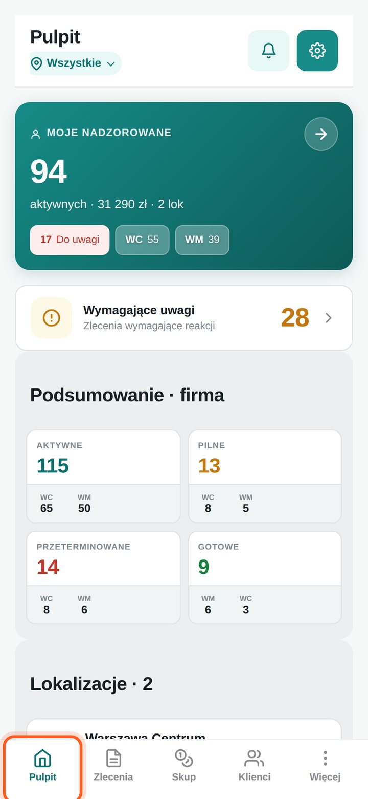 Zaznaczona pozycja Pulpit w menu (telefon)