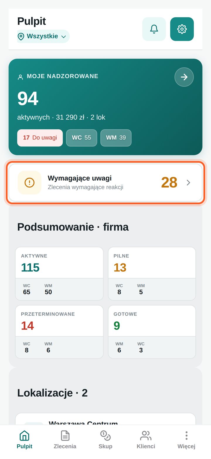 Lista zleceń wymagających uwagi, zaznaczony pierwszy wiersz (telefon)