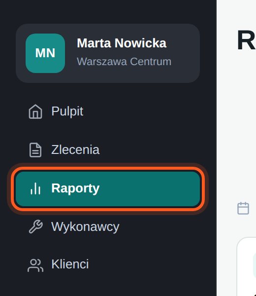 Zaznaczona pozycja Raporty w menu (komputer)