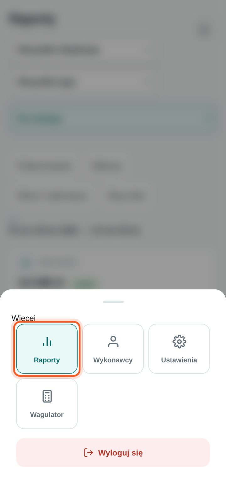 Zaznaczona pozycja Raporty w menu (telefon)