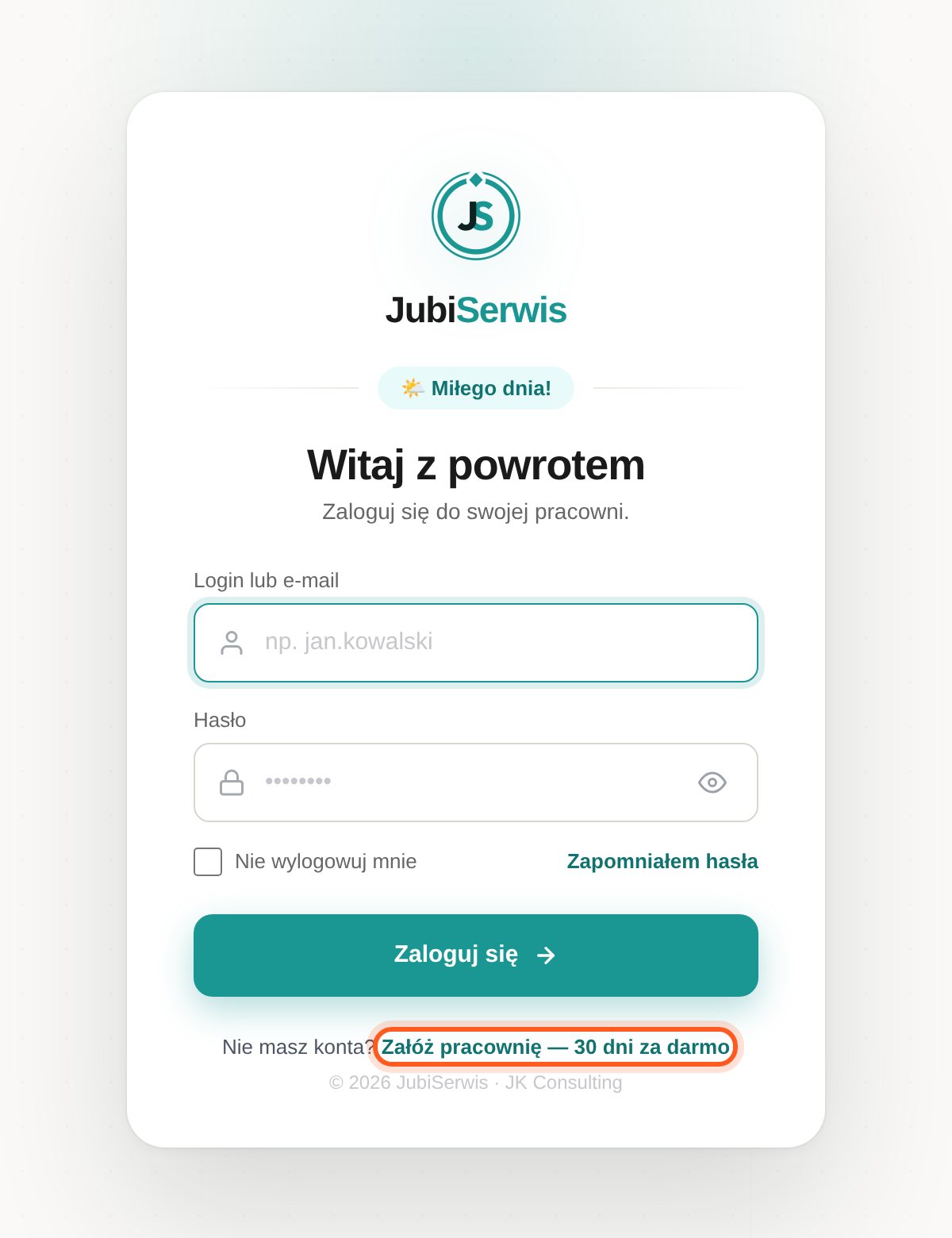 Strona logowania z zaznaczonym linkiem Załóż pracownię (komputer)