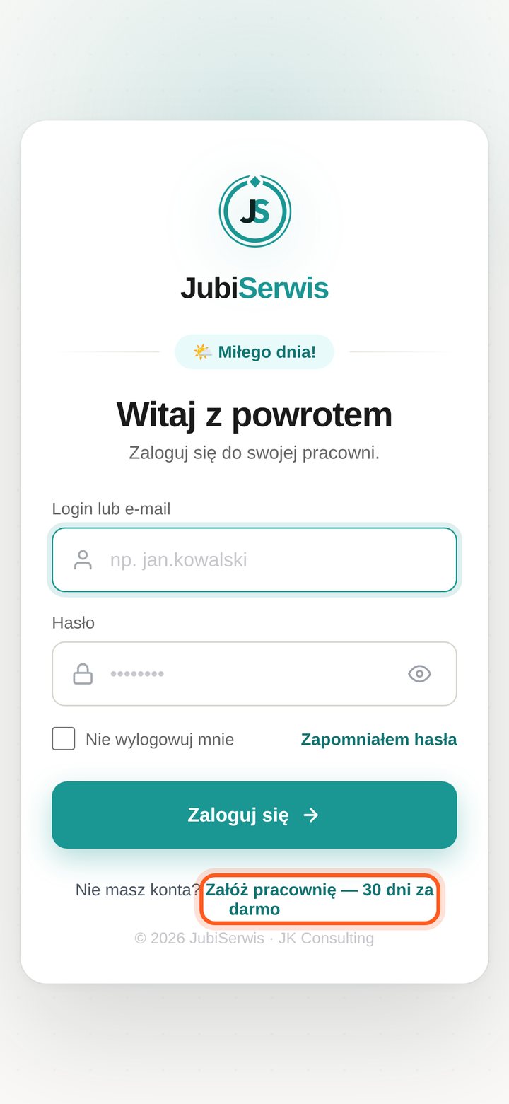 Strona logowania z zaznaczonym linkiem Załóż pracownię (telefon)