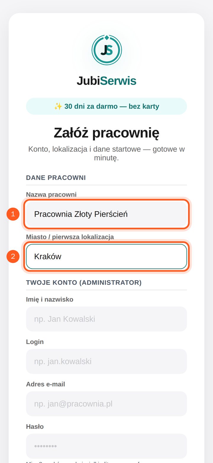 Pola Nazwa pracowni i Miasto / pierwsza lokalizacja (telefon)