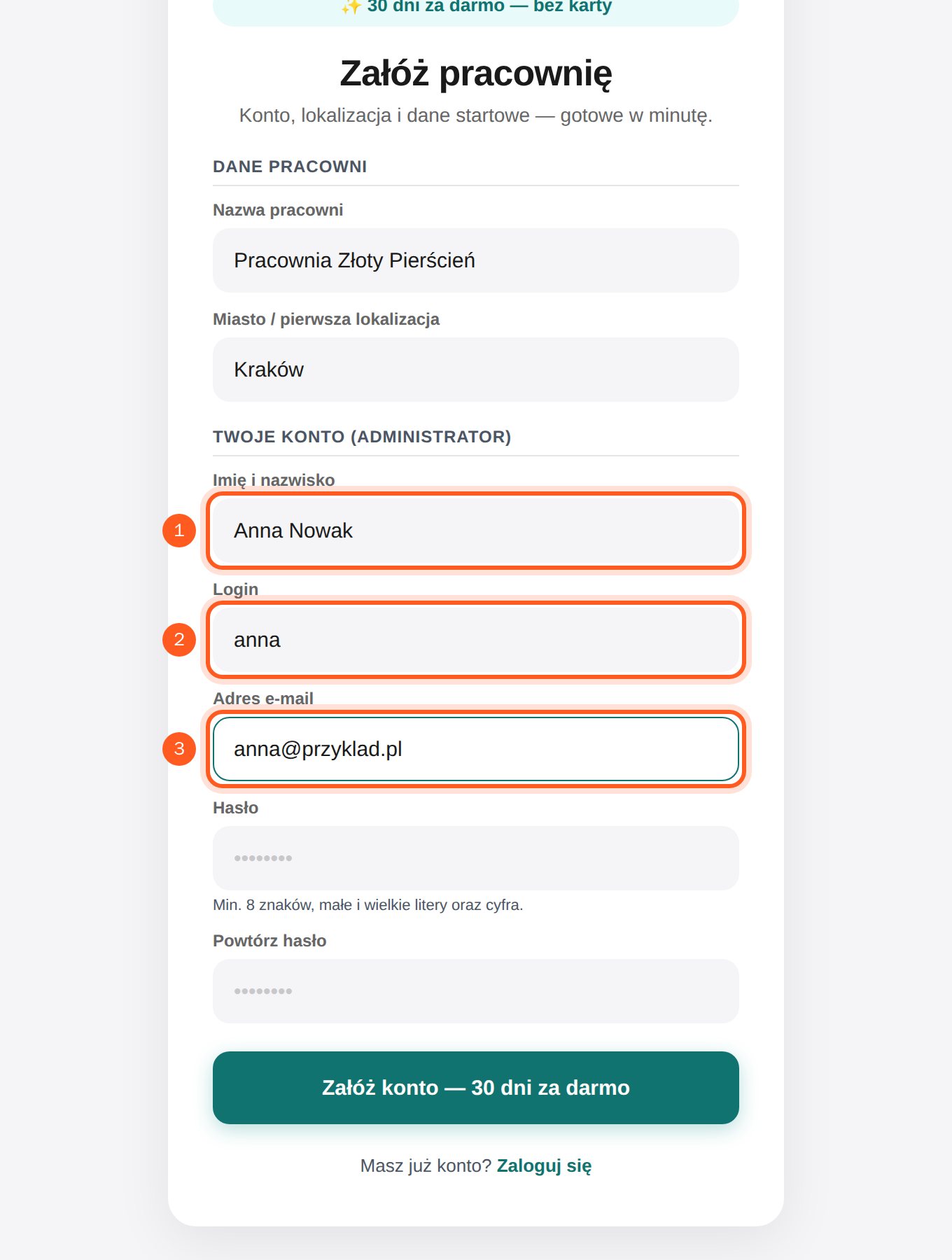 Pola Imię i nazwisko, Login i Adres e-mail (komputer)