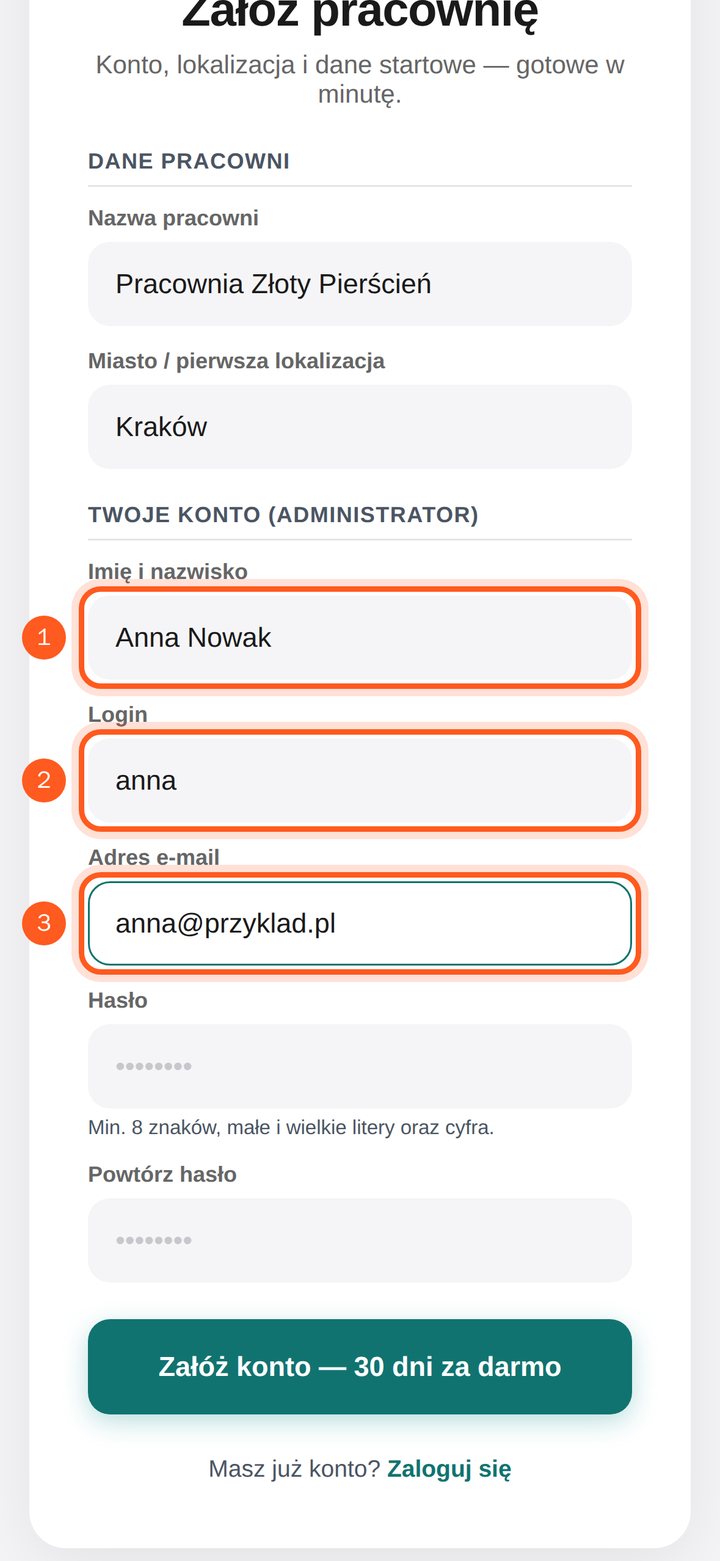 Pola Imię i nazwisko, Login i Adres e-mail (telefon)