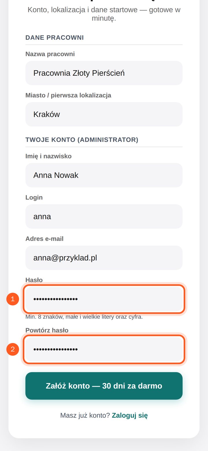 Pola Hasło i Powtórz hasło (telefon)