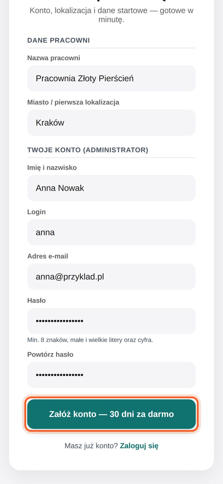 Zaznaczony przycisk Załóż konto — 30 dni za darmo (telefon)
