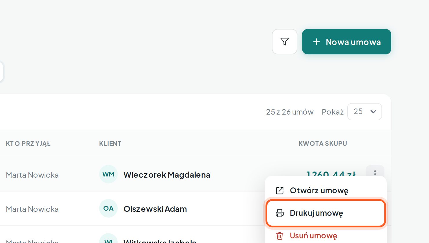 Zaznaczony przycisk Drukuj umowę (komputer)