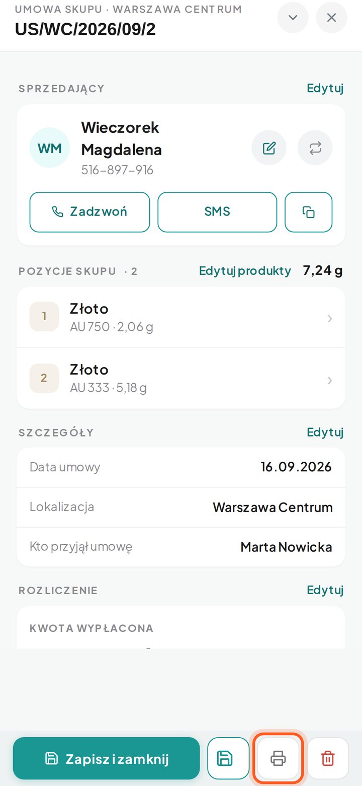 Zaznaczony przycisk Drukuj umowę (telefon)