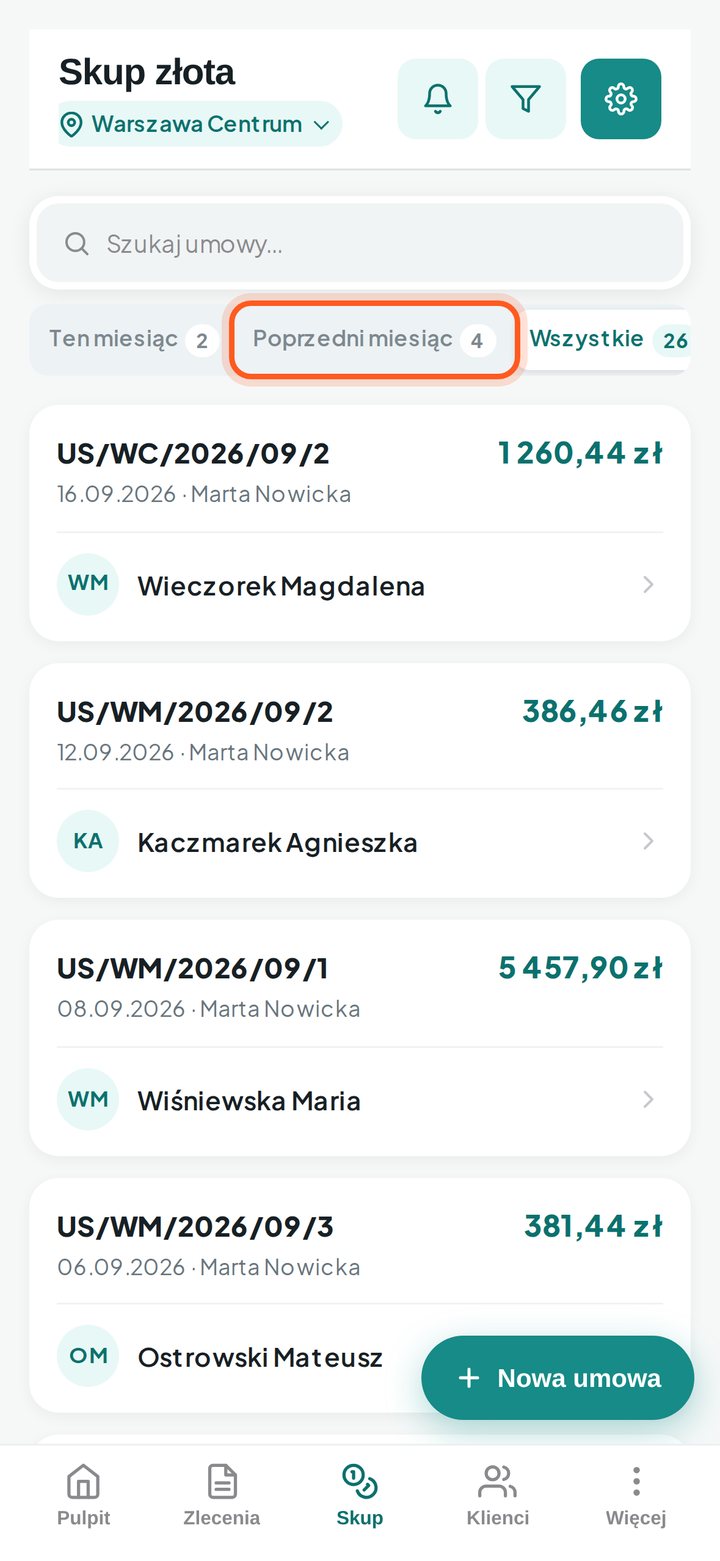 Pigułka Poprzedni miesiąc z liczbą umów (telefon)