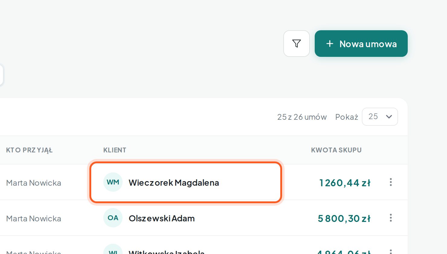 Lista umów z zaznaczonym wierszem (komputer)