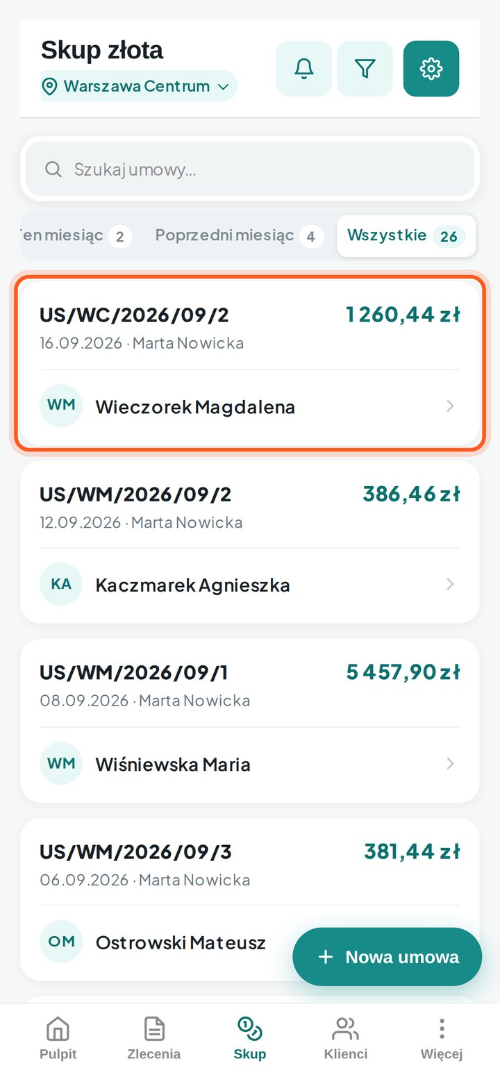 Lista umów z zaznaczonym wierszem (telefon)