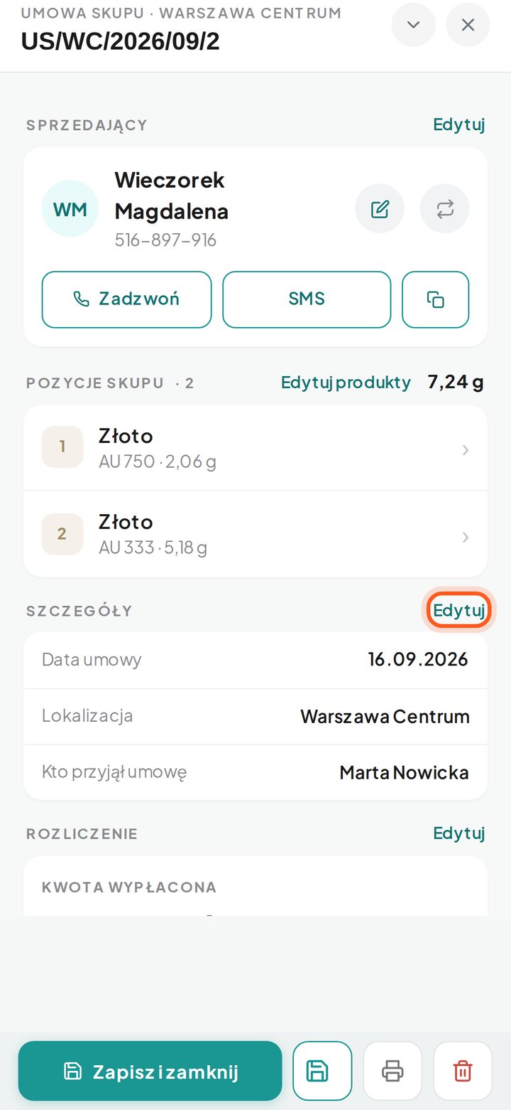 Sekcja Szczegóły z zaznaczonym przyciskiem Edytuj (telefon)
