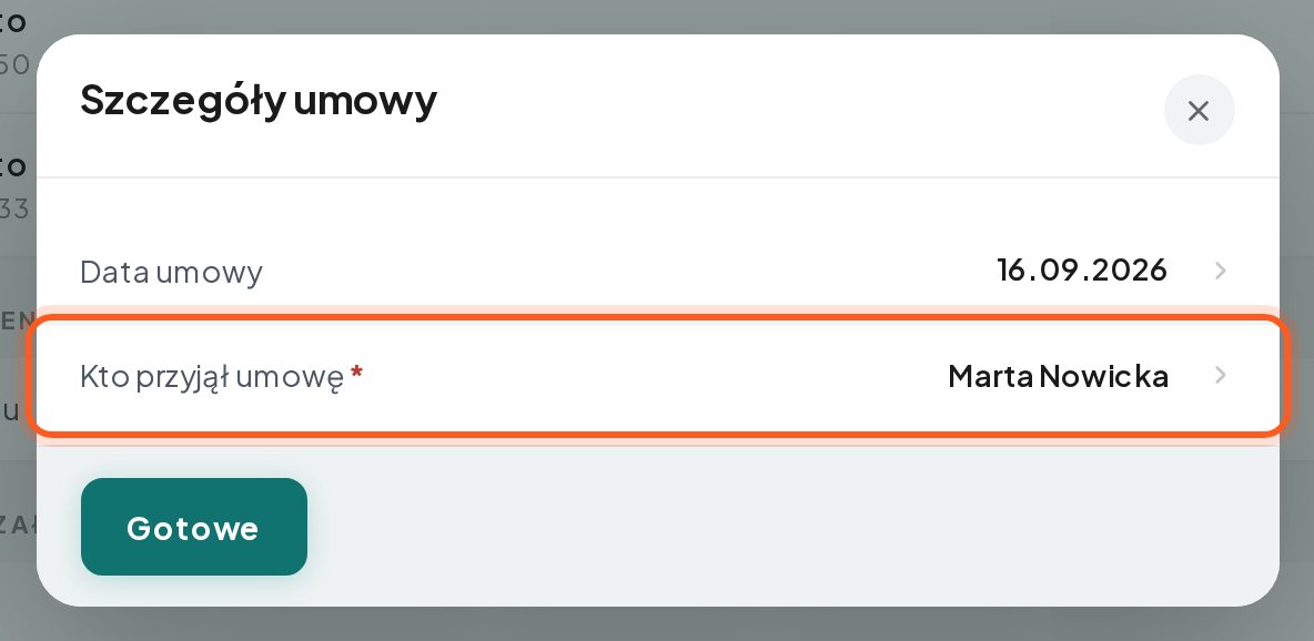 Okienko Szczegóły umowy z zaznaczonym polem Kto przyjął umowę (komputer)