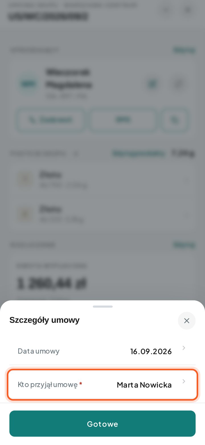 Okienko Szczegóły umowy z zaznaczonym polem Kto przyjął umowę (telefon)