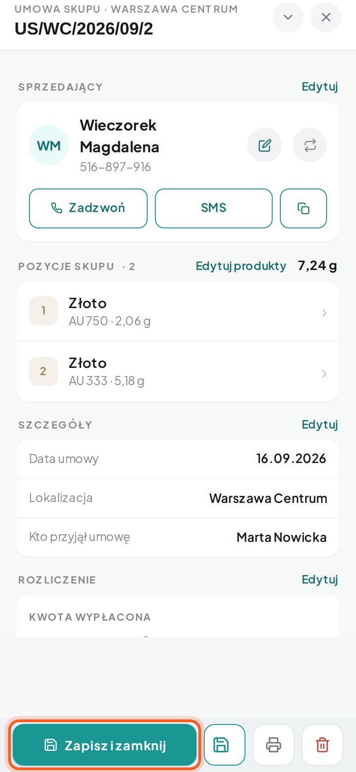 Zaznaczony przycisk Zapisz i zamknij (telefon)