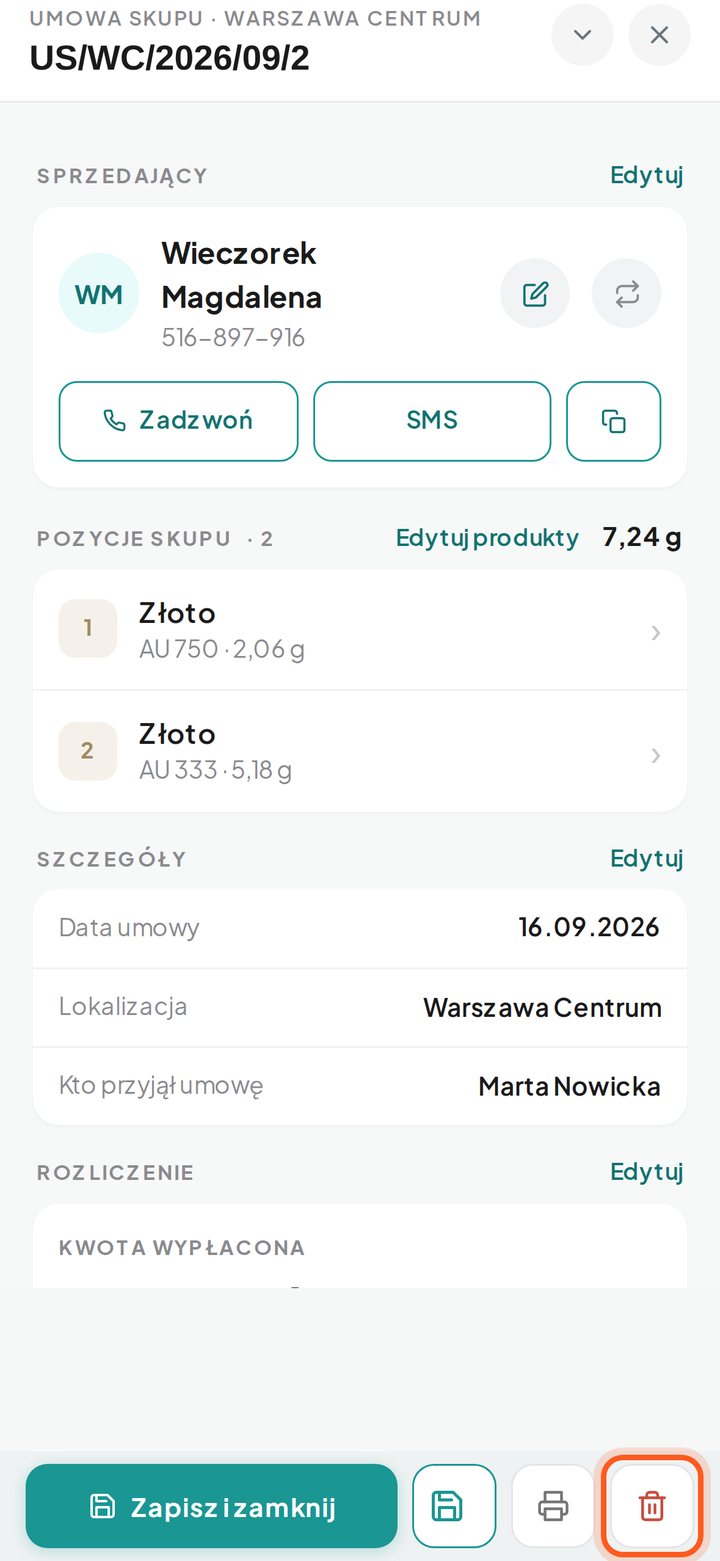 Zaznaczona ikona kosza w oknie umowy (telefon)