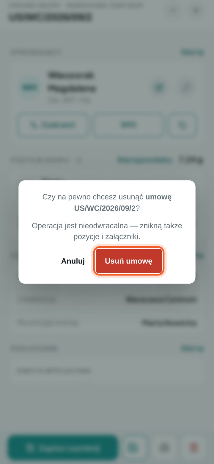 Pytanie o potwierdzenie usunięcia z numerem umowy (telefon)
