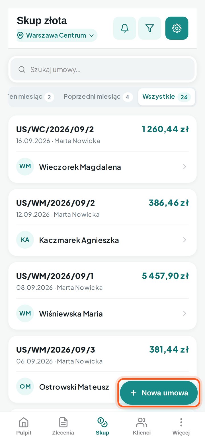 Lista umów skupu z zaznaczonym przyciskiem Nowa umowa (telefon)