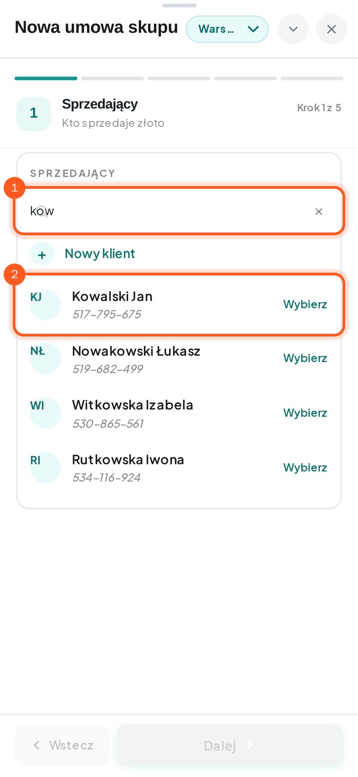 Wyszukiwanie sprzedającego: wpisane litery i zaznaczony klient na liście (telefon)