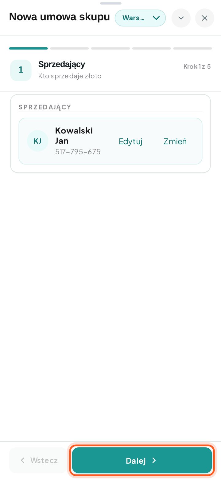 Zaznaczony przycisk Dalej (telefon)