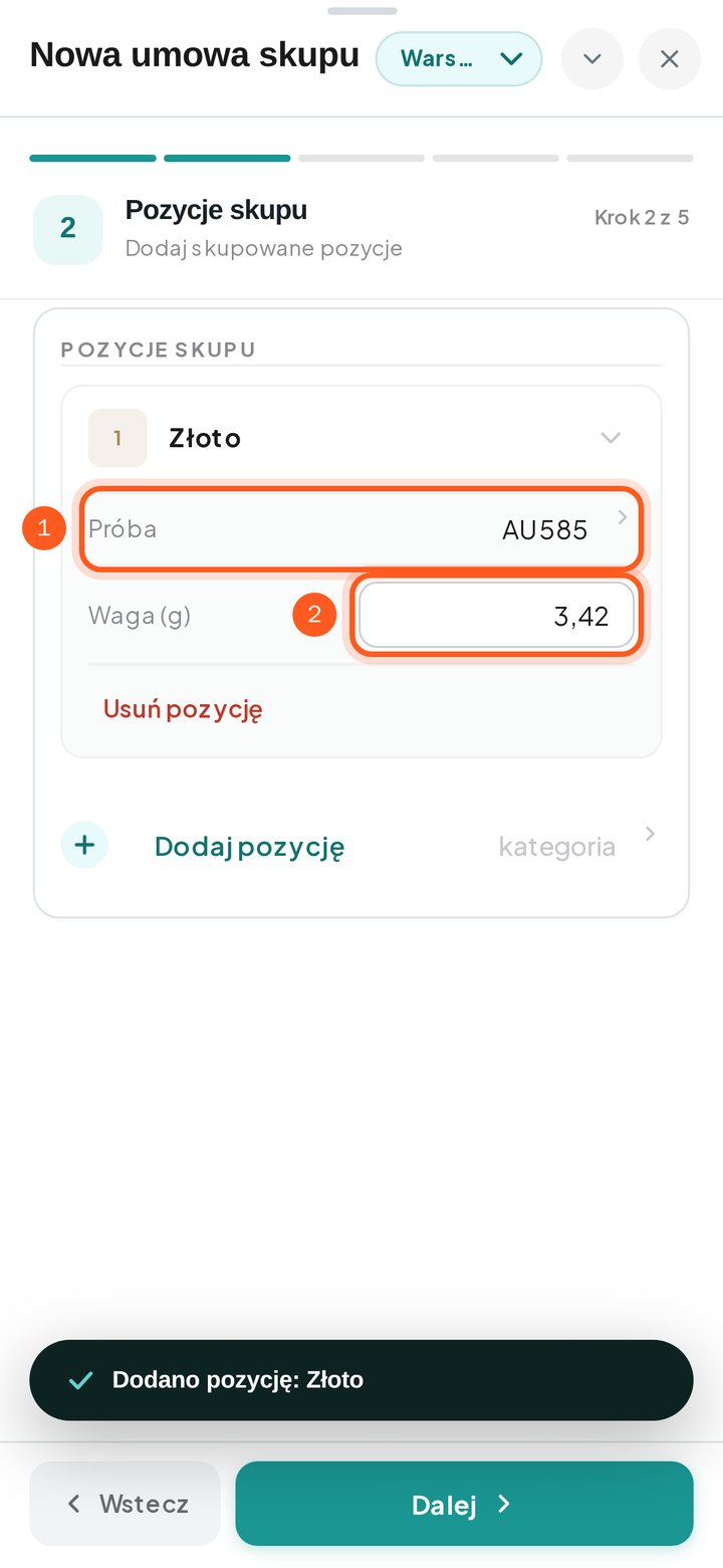 Zaznaczone pola Próba i Waga wypełnionej pozycji skupu (telefon)