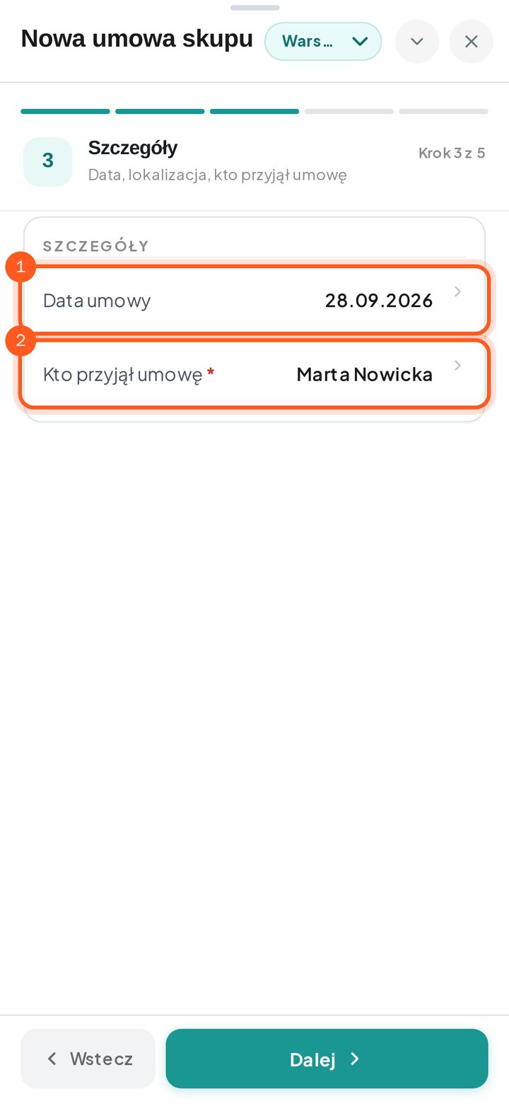 Pola Data umowy i Kto przyjął umowę (telefon)