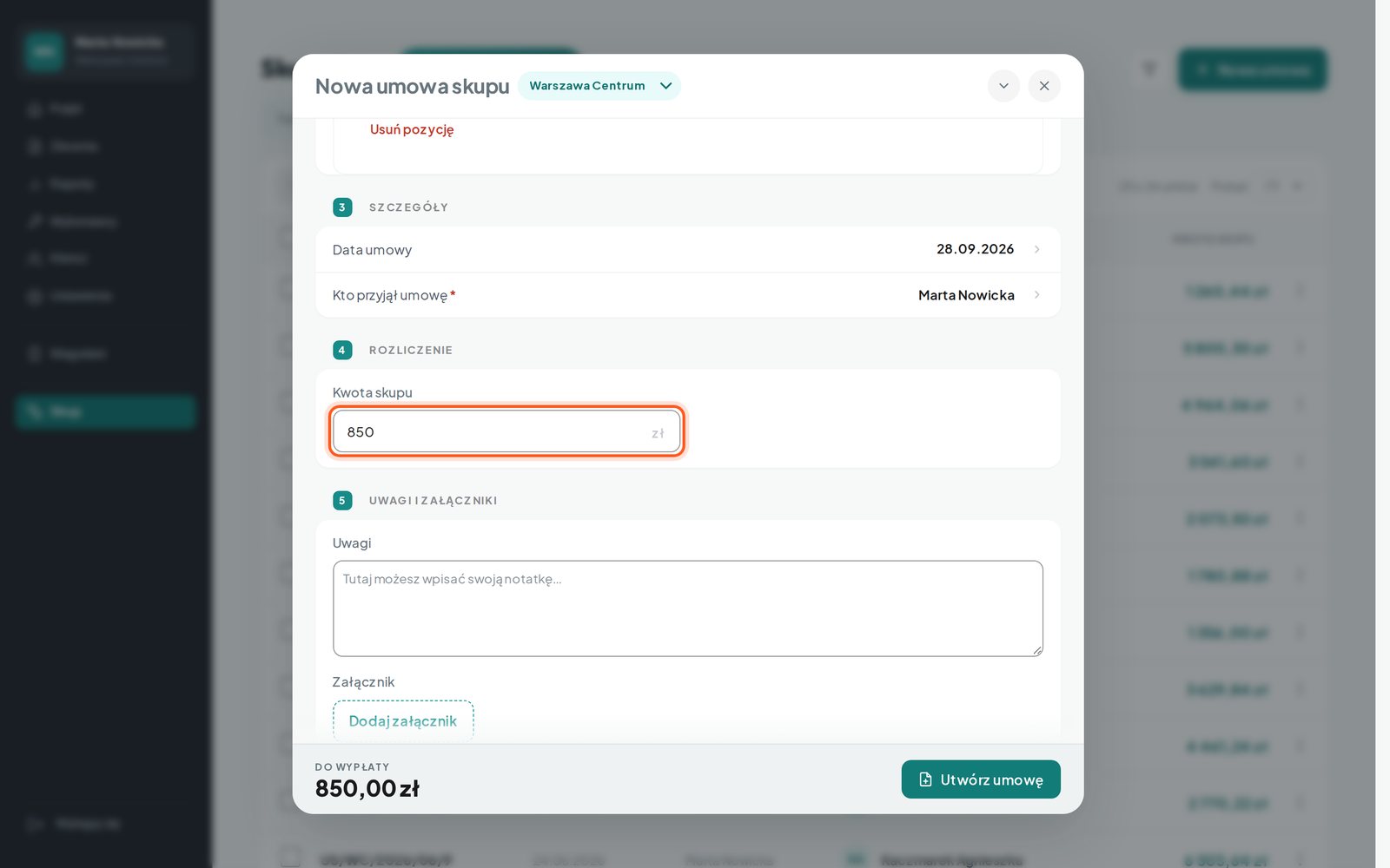 Pole Kwota skupu z wpisaną wartością (komputer)