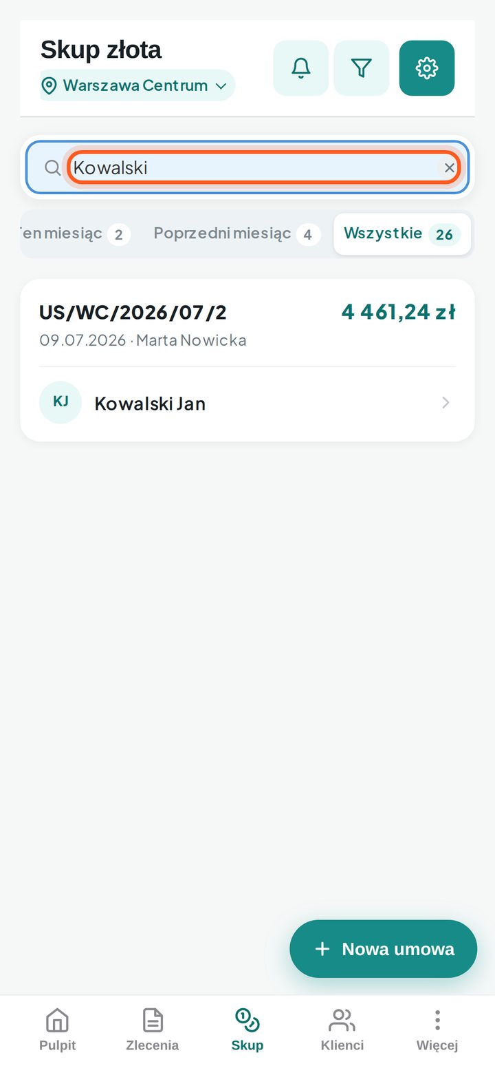 Pole wyszukiwania z wpisanym nazwiskiem (telefon)