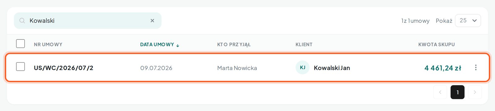Wynik wyszukiwania — jedna pasująca umowa (komputer)