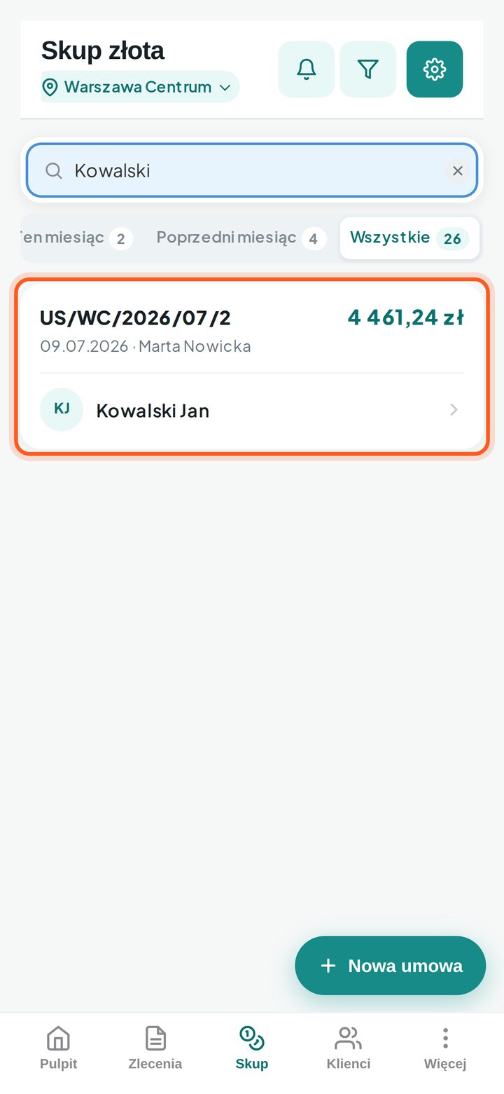 Wynik wyszukiwania — jedna pasująca umowa (telefon)