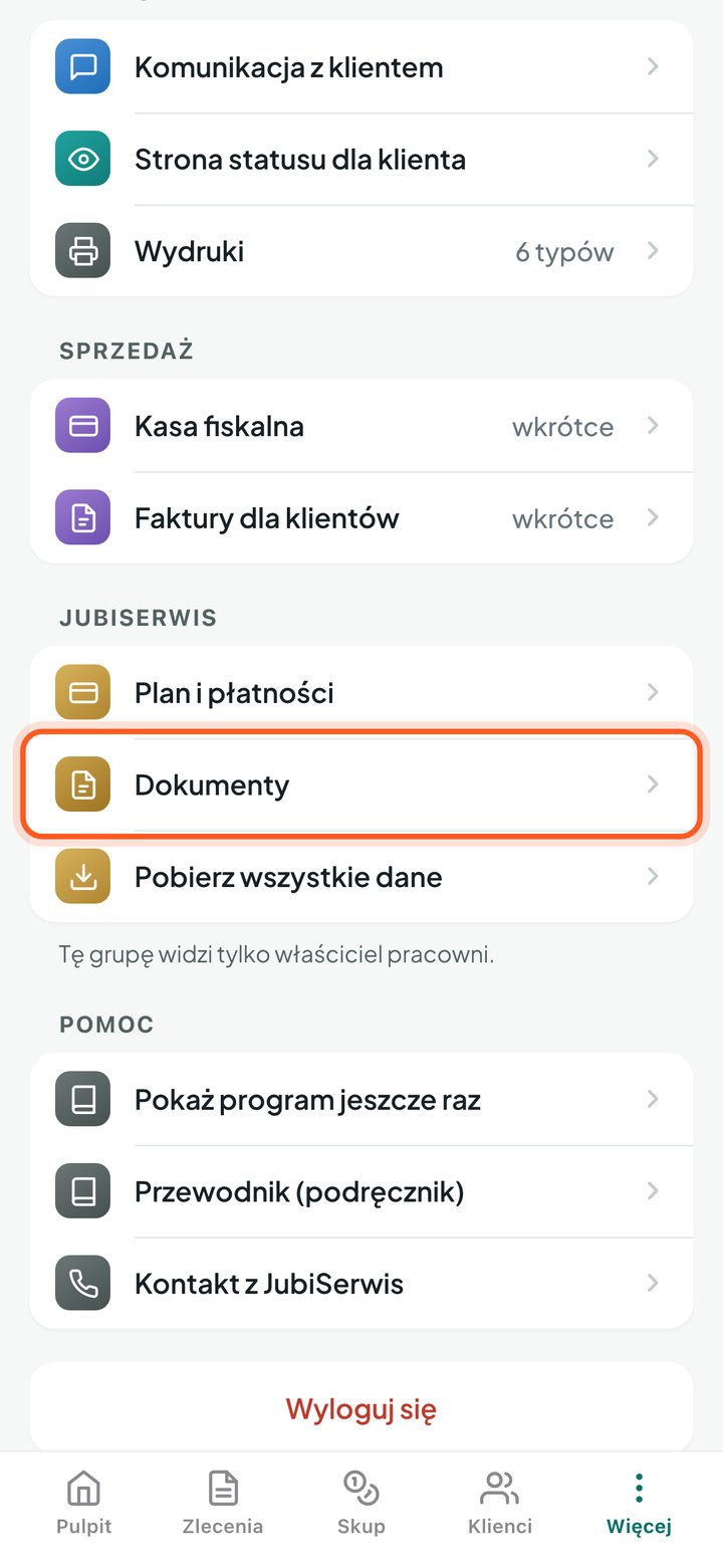 Lista Ustawień z zaznaczonym wierszem Dokumenty (telefon)
