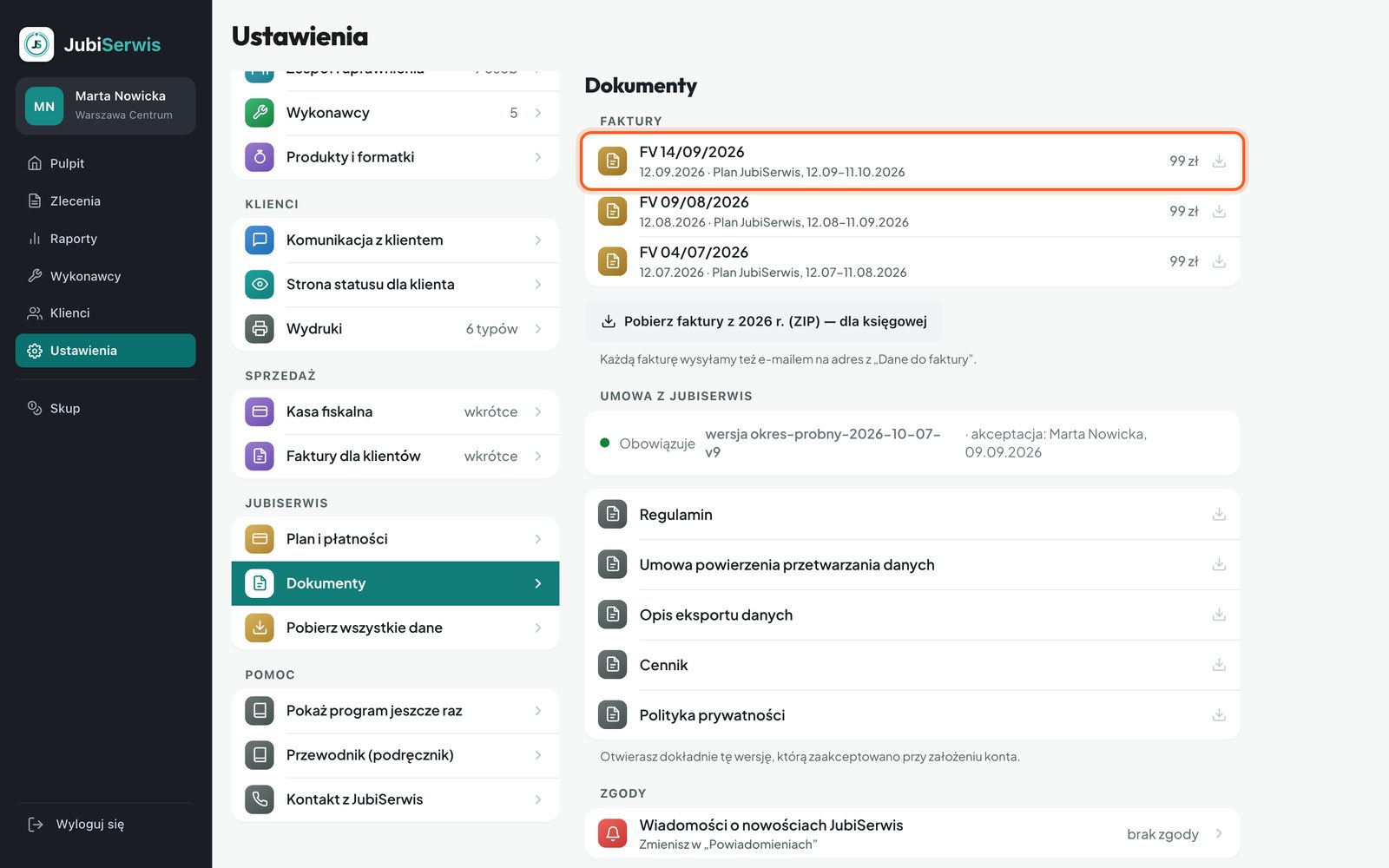 Lista faktur z zaznaczoną pierwszą fakturą (komputer)