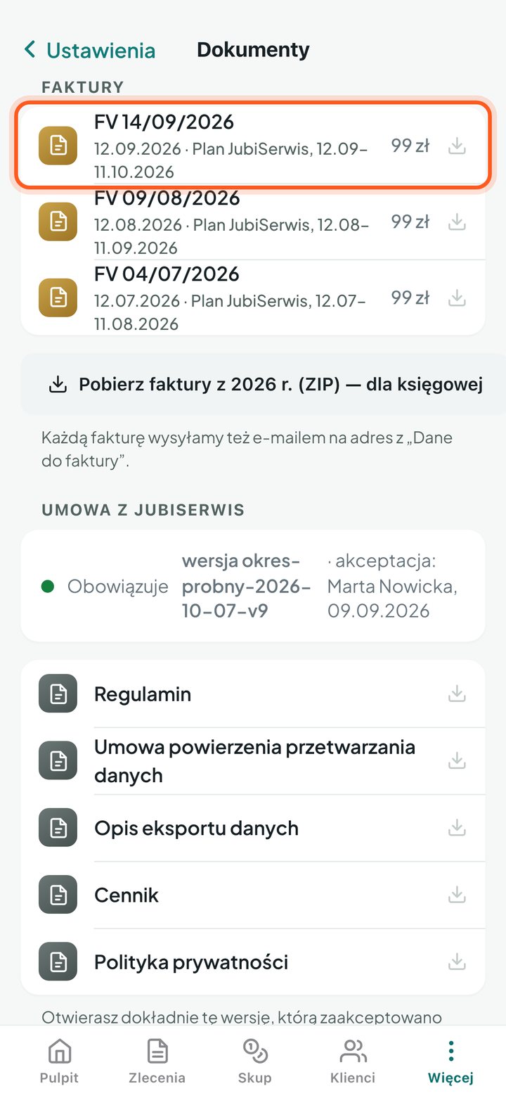 Lista faktur z zaznaczoną pierwszą fakturą (telefon)