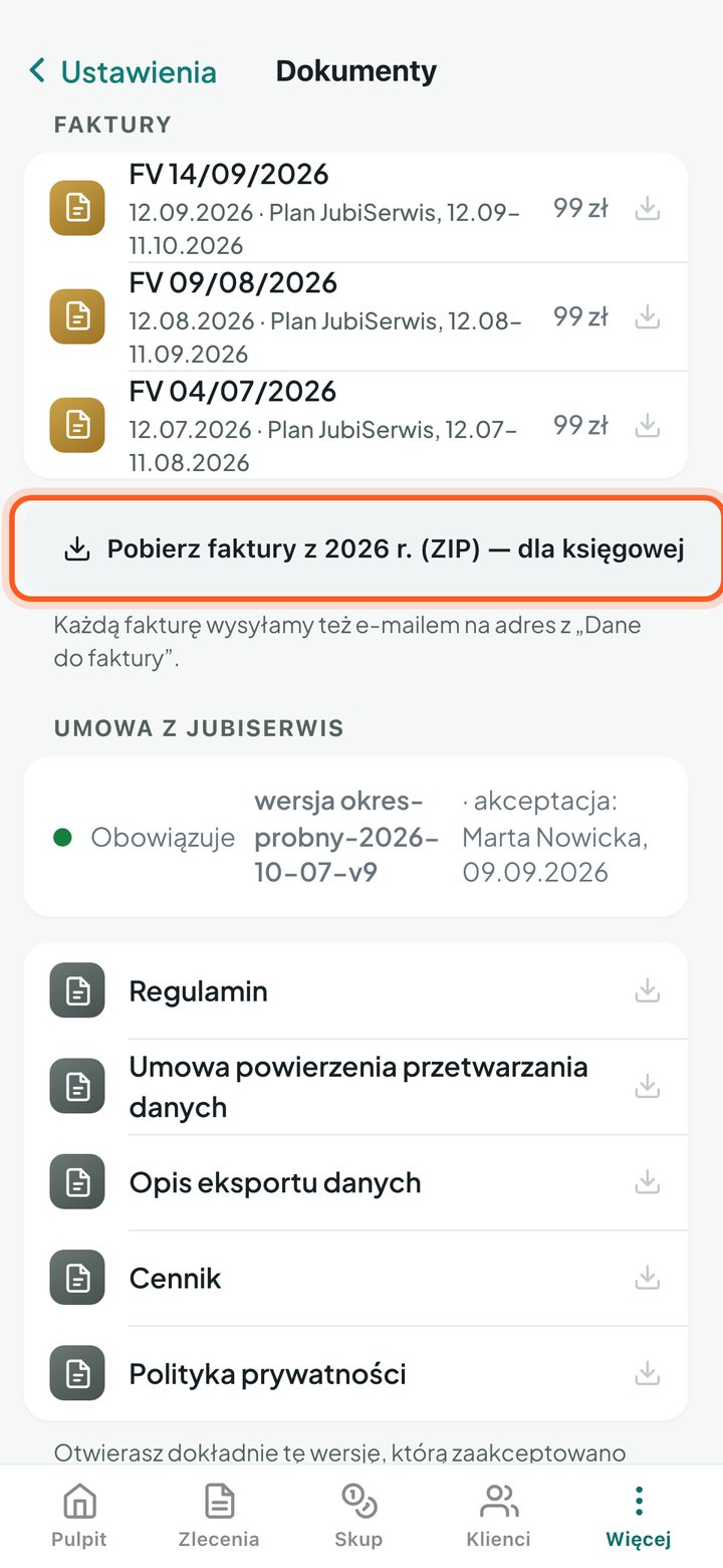 Przycisk Pobierz faktury z roku (ZIP) dla księgowej (telefon)