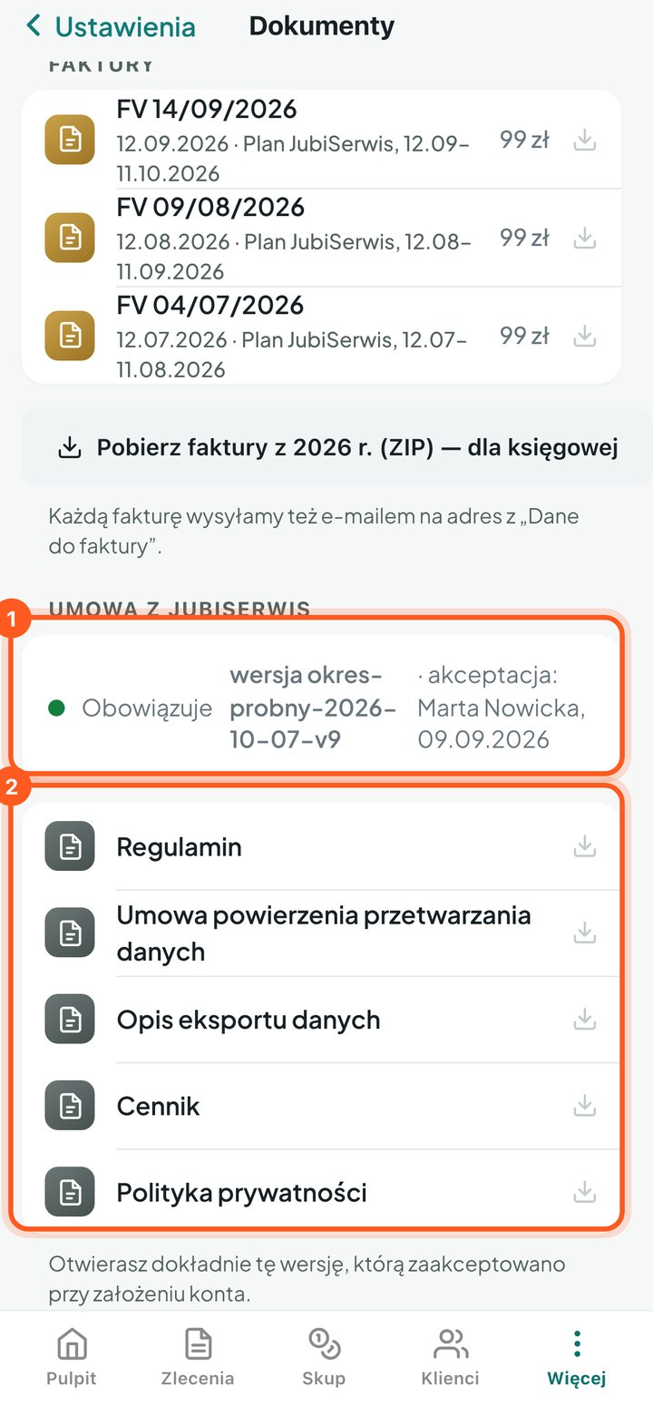 Część Umowa z JubiSerwis: wersja i data akceptacji oraz lista dokumentów (telefon)