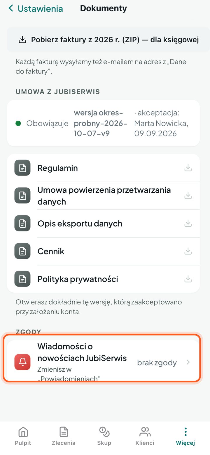 Część Zgody z wierszem Wiadomości o nowościach JubiSerwis (telefon)