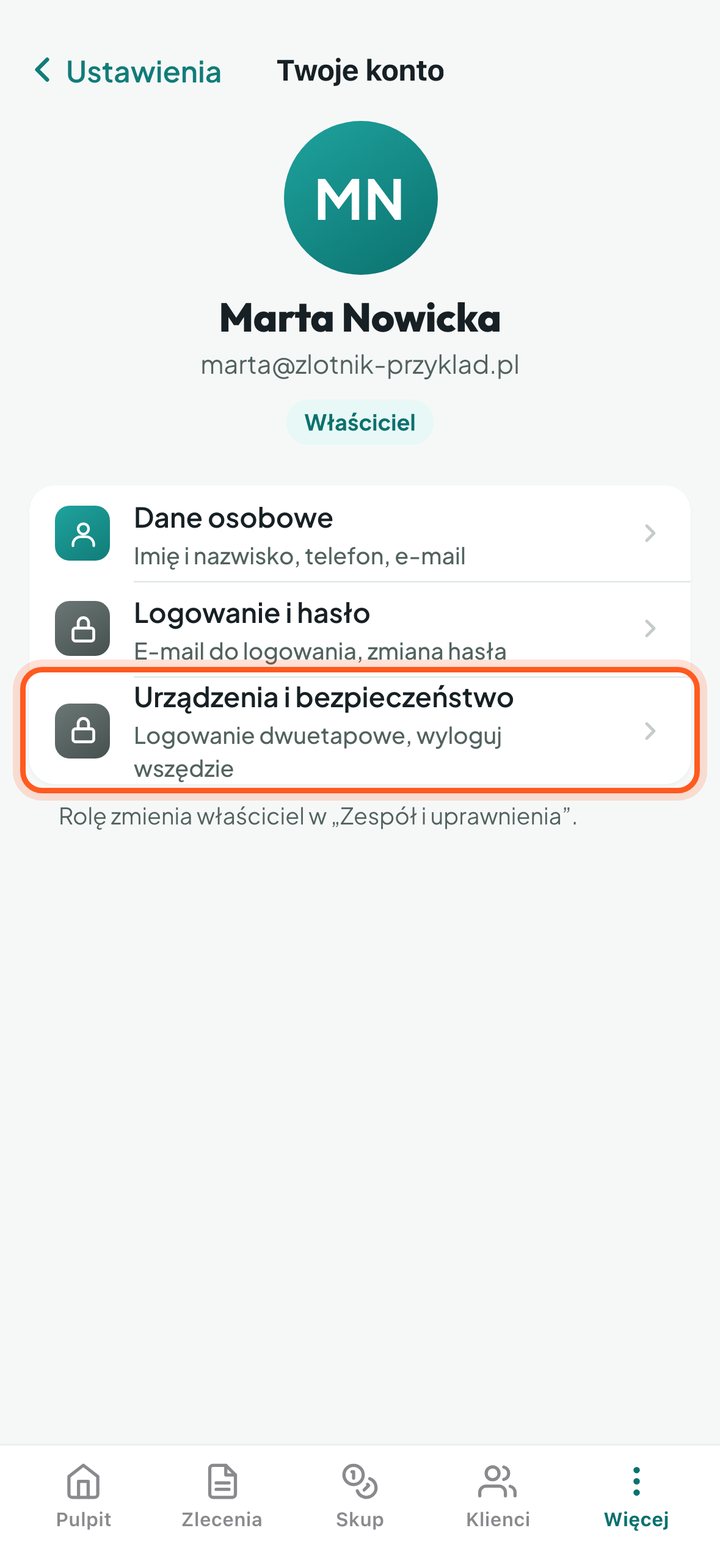 Ekran Twoje konto z zaznaczonym wierszem Urządzenia i bezpieczeństwo (telefon)