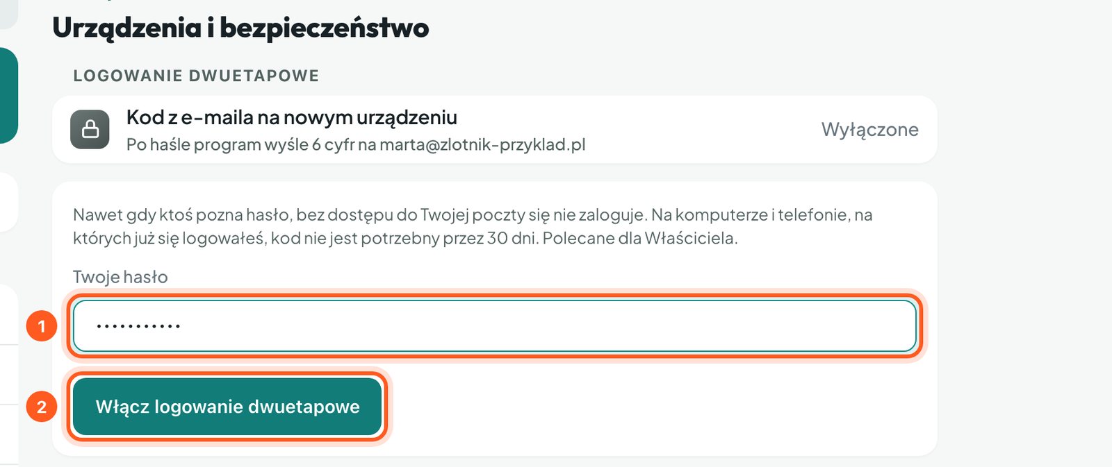 Pole Twoje hasło i przycisk Włącz logowanie dwuetapowe (komputer)
