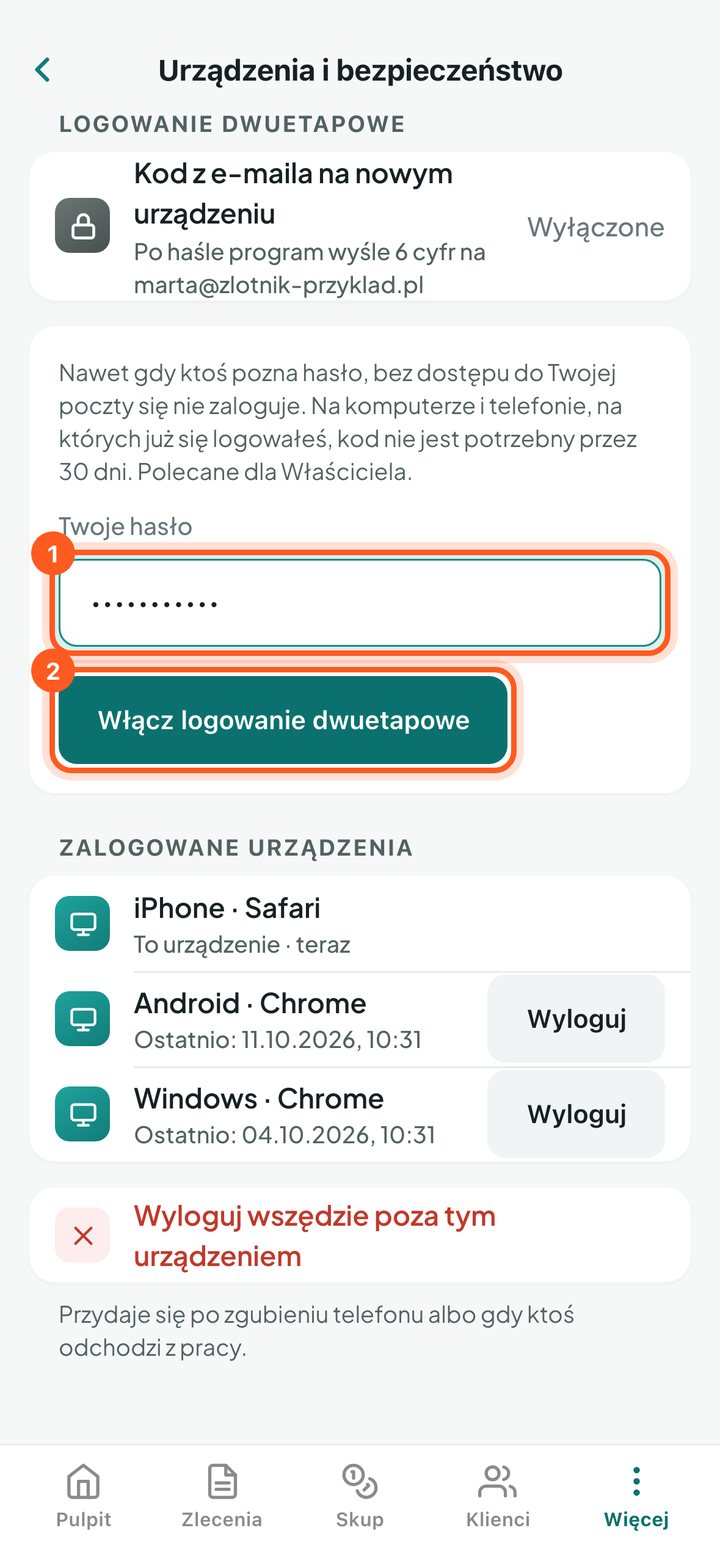 Pole Twoje hasło i przycisk Włącz logowanie dwuetapowe (telefon)
