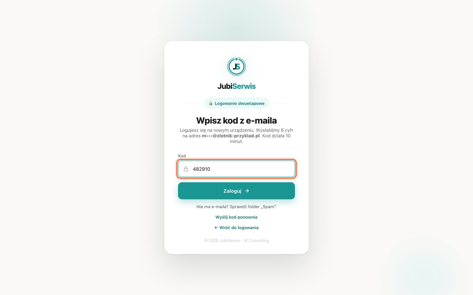 Ekran logowania z polem Kod z e-maila (komputer)