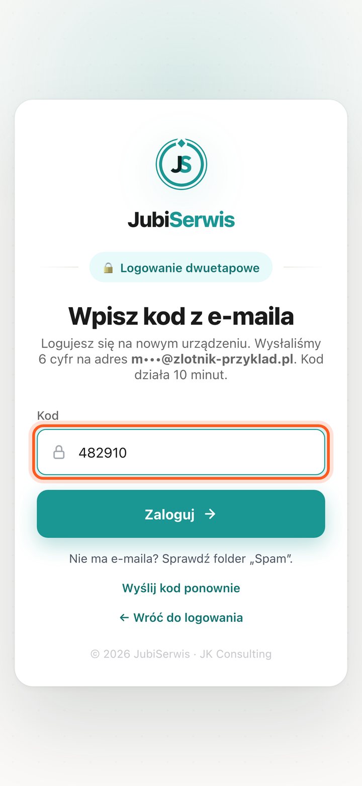 Ekran logowania z polem Kod z e-maila (telefon)