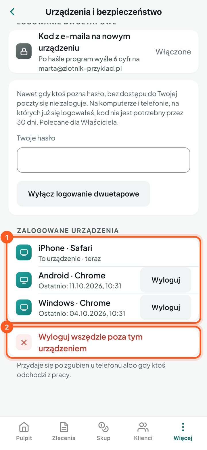 Lista zalogowanych urządzeń z przyciskami Wyloguj i przyciskiem Wyloguj wszędzie poza tym urządzeniem (telefon)