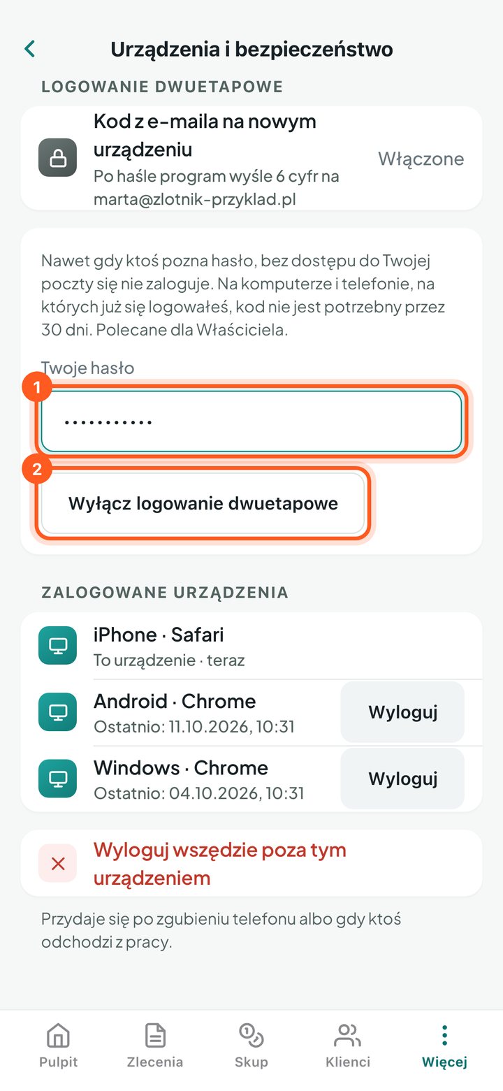 Pole Twoje hasło i przycisk Wyłącz logowanie dwuetapowe (telefon)