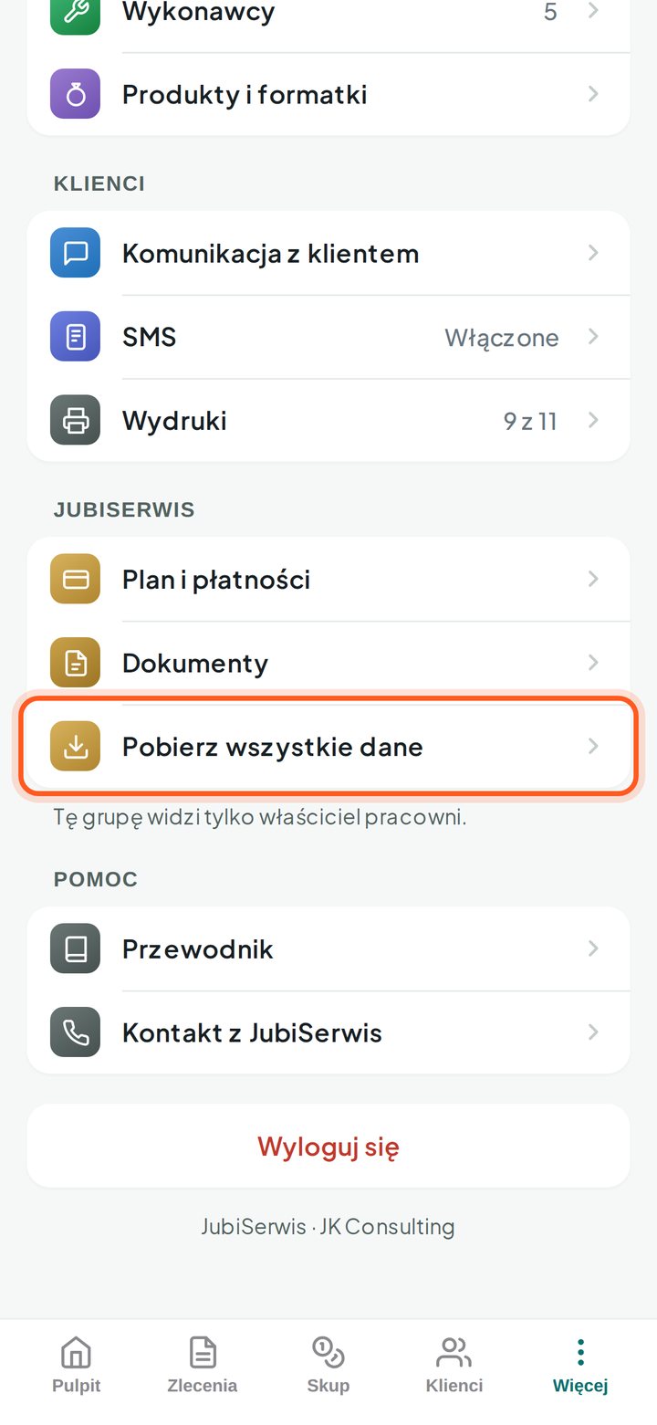 Lista Ustawień, grupa JubiSerwis, z zaznaczonym wierszem Pobierz wszystkie dane (telefon)