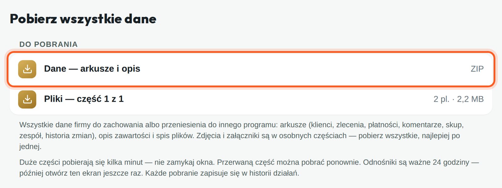 Ekran Pobierz wszystkie dane z zaznaczonym wierszem Dane — arkusze i opis (komputer)